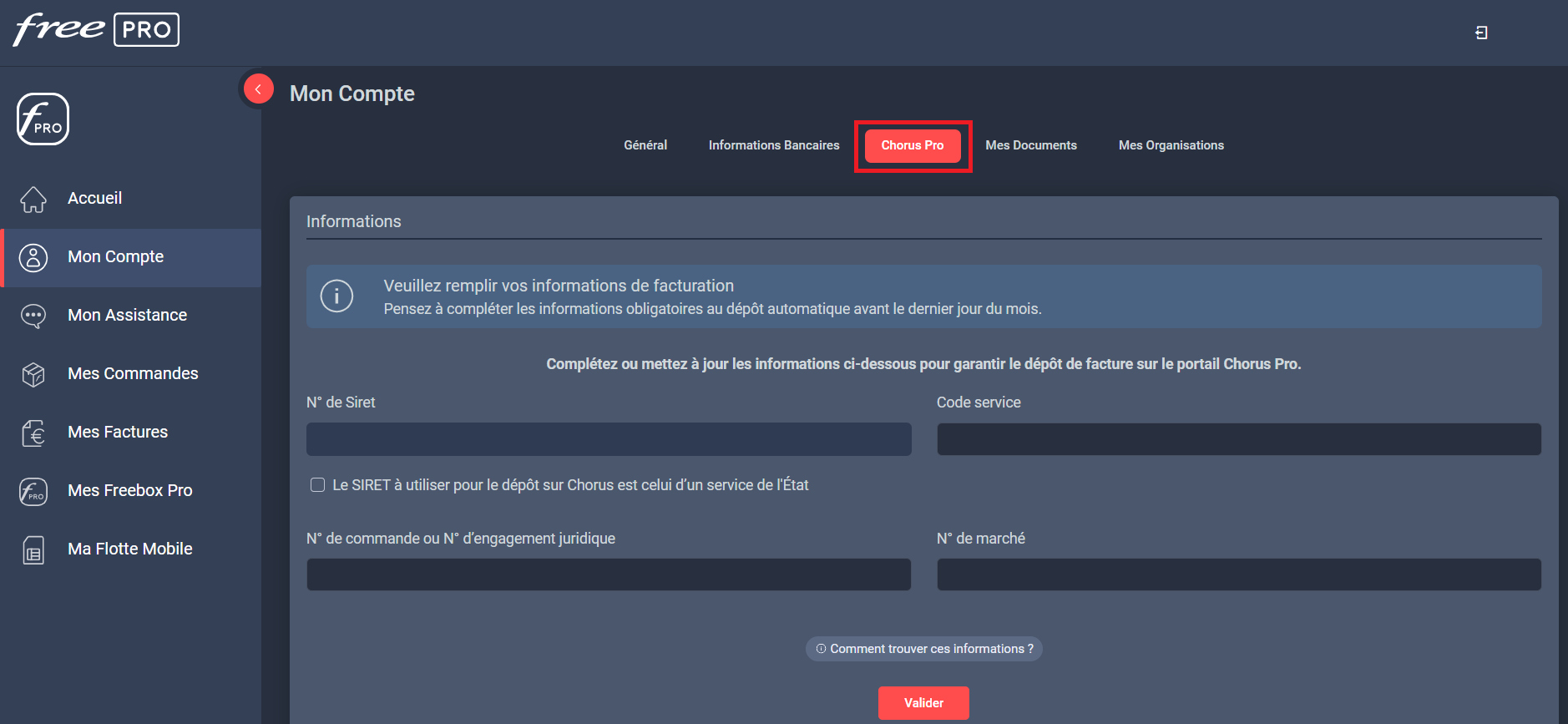 Je suis un Etablissement Public, mais je n'ai pas accès à l'onglet Chorus Pro dans mon Espace Client Free Pro, que faire.png